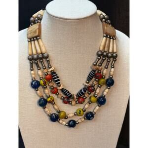 Multi-Strand Tribal Trade Bead Necklace with Bone & Glass Beads